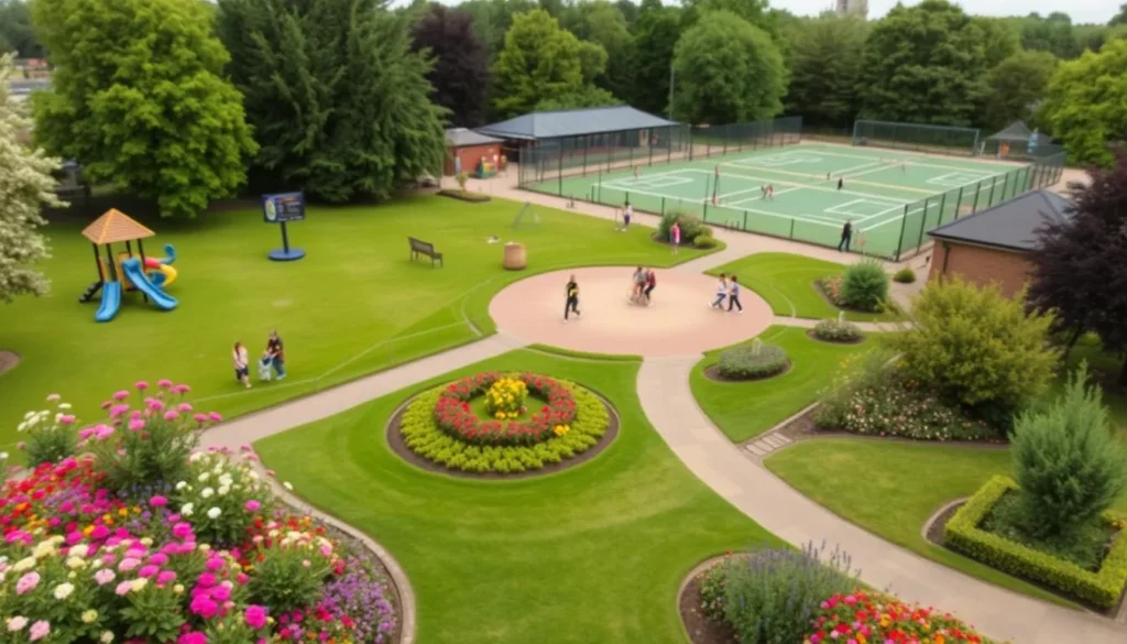 Generate an image of Lammas Park with its playground, sports facilities, and beautiful gardens.