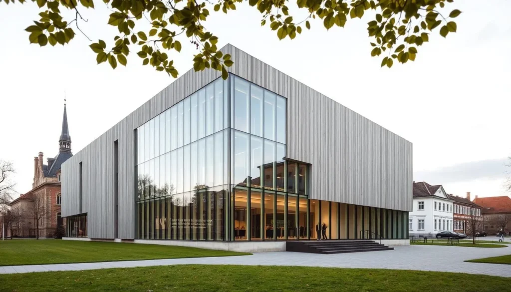 Generate an image of Länsmuseet Gävleborg's exterior, showcasing its modern architecture amidst historical surroundings.