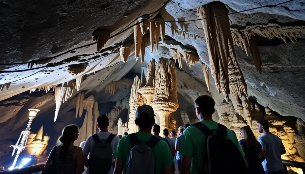 Generate an image of Lapa Doce Cave, with visitors exploring the cave and marveling at the stalactites and stalagmites.