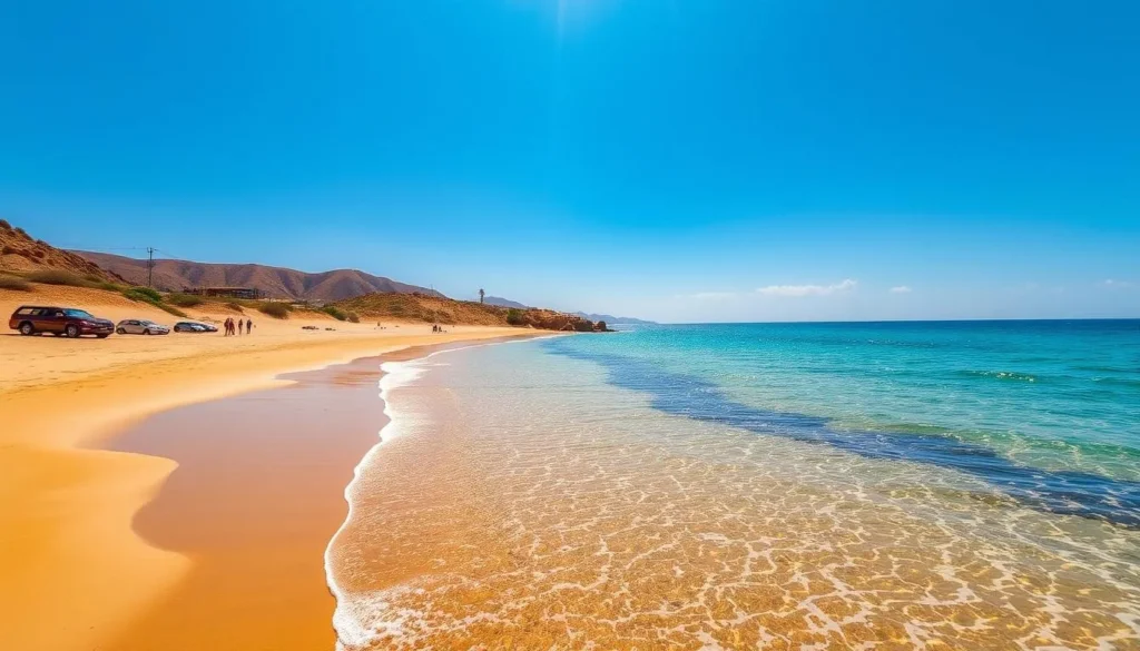 Generate an image of Lattakia's Mediterranean coastline with golden sandy beaches and crystal-clear waters.