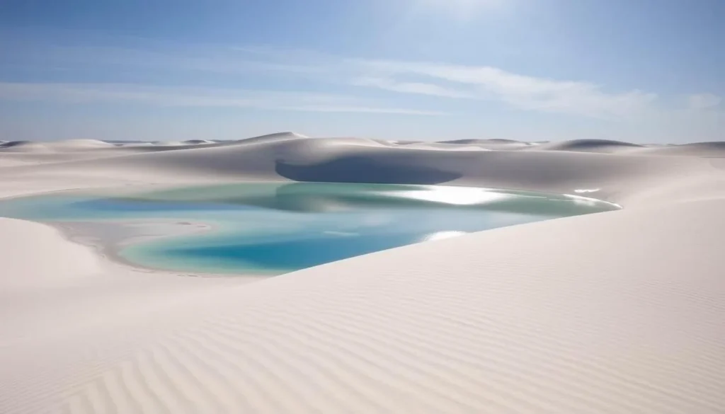 Generate an image of Lençóis Maranhenses National Park's vast sand dunes and freshwater lagoons.