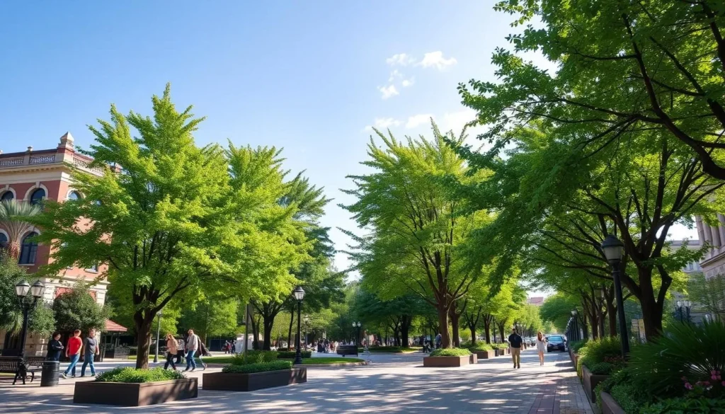 Generate an image of Liberty Avenue, a long pedestrianized boulevard lined with linden trees.