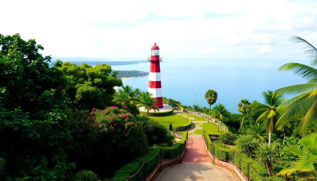 Generate an image of Light House Hill Garden, a scenic spot in Mangaluru with a lighthouse.
