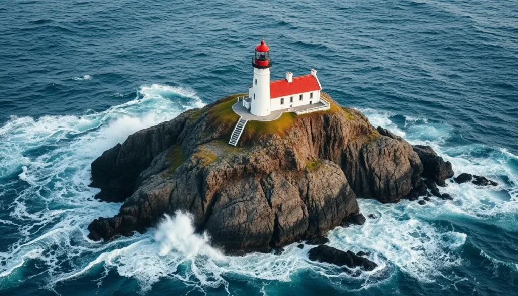 Generate an image of Lindesnes Lighthouse on a rocky cliff with dramatic sea waves. Generate an image of Lindesnes Lighthouse on a rocky cliff with dramatic sea waves.