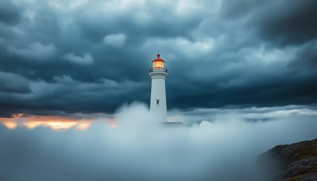 Generate an image of Lindesnes Lighthouse with a dramatic sky.