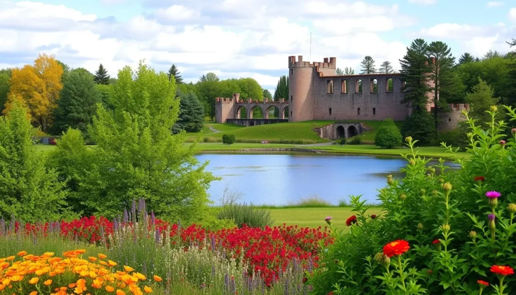 Generate an image of Linnansaari Park with the Oulu Castle ruins in the background.