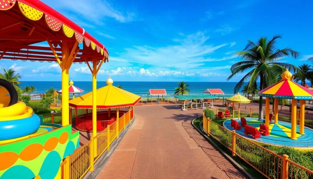 Generate an image of Lion's Park in Kozhikode, featuring the kid-friendly rides and attractions against the backdrop of the Arabian Sea.