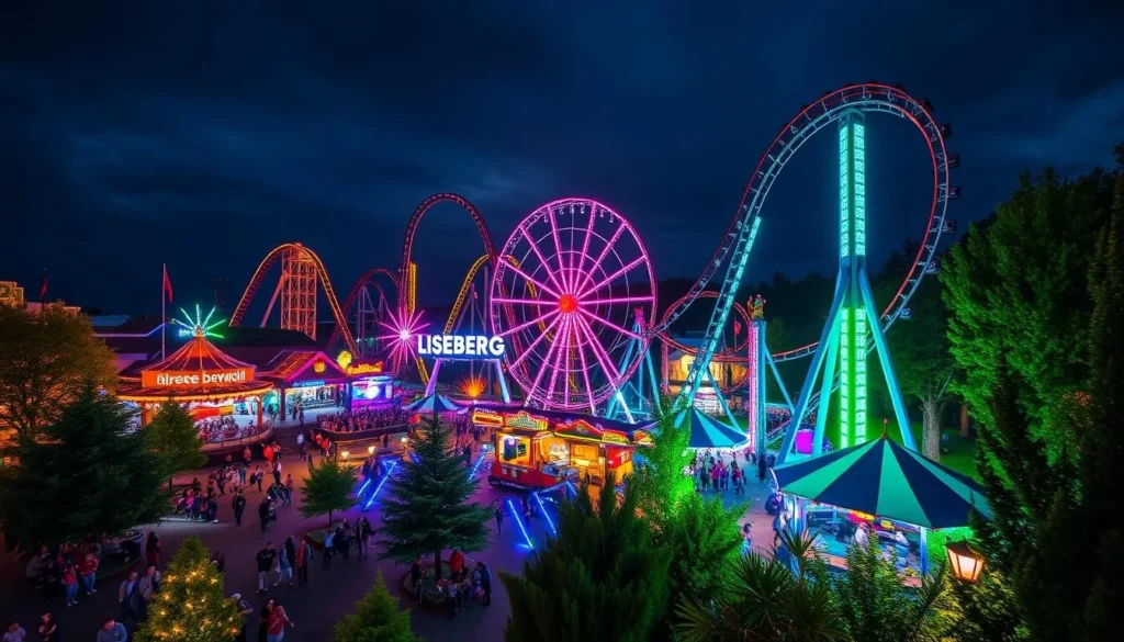 Generate an image of Liseberg Amusement Park in Gothenburg, Sweden, showcasing its thrilling roller coasters and vibrant atmosphere.