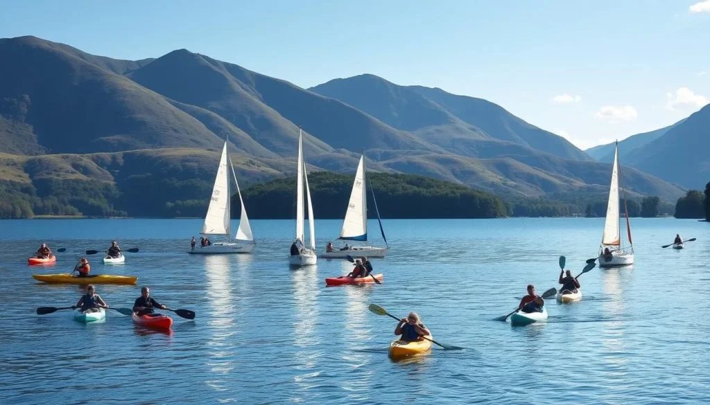 Generate an image of Llyn Tegid (Bala Lake) with sailboats and water sports enthusiasts.