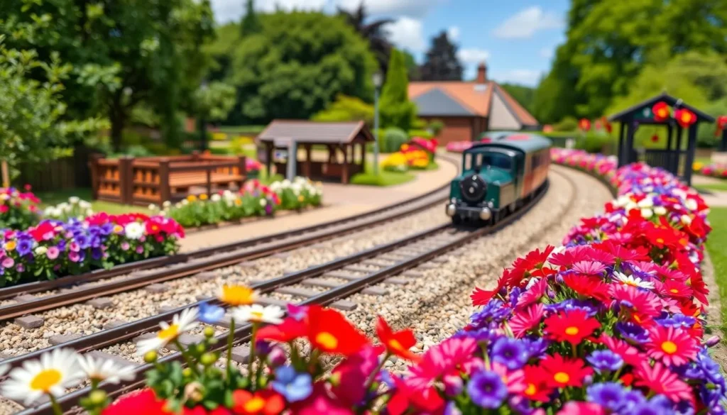 Generate an image of Lodge Farm Park's miniature railway and floral borders.