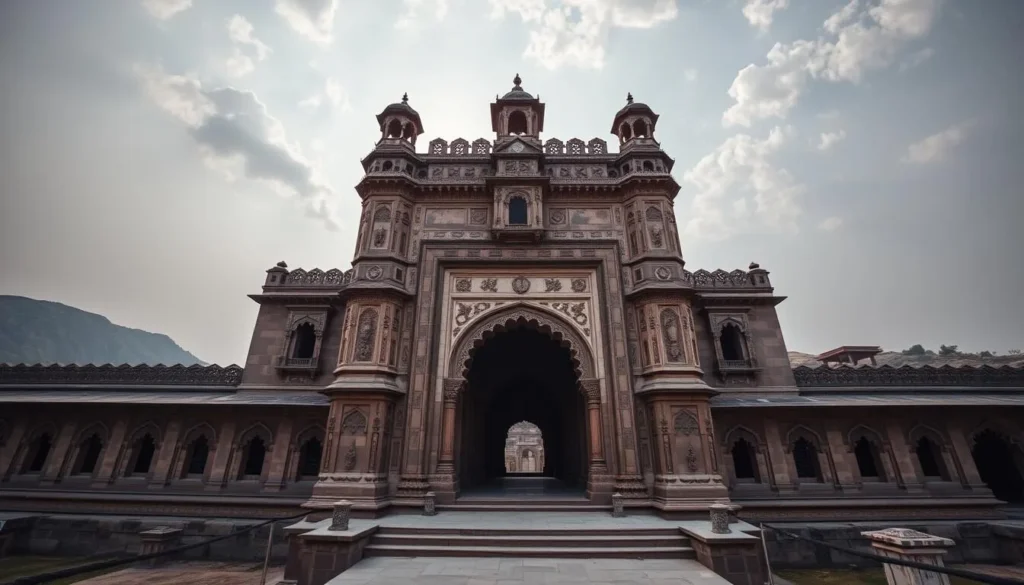 Generate an image of Loni Fort's imposing gateways and intricate carvings.