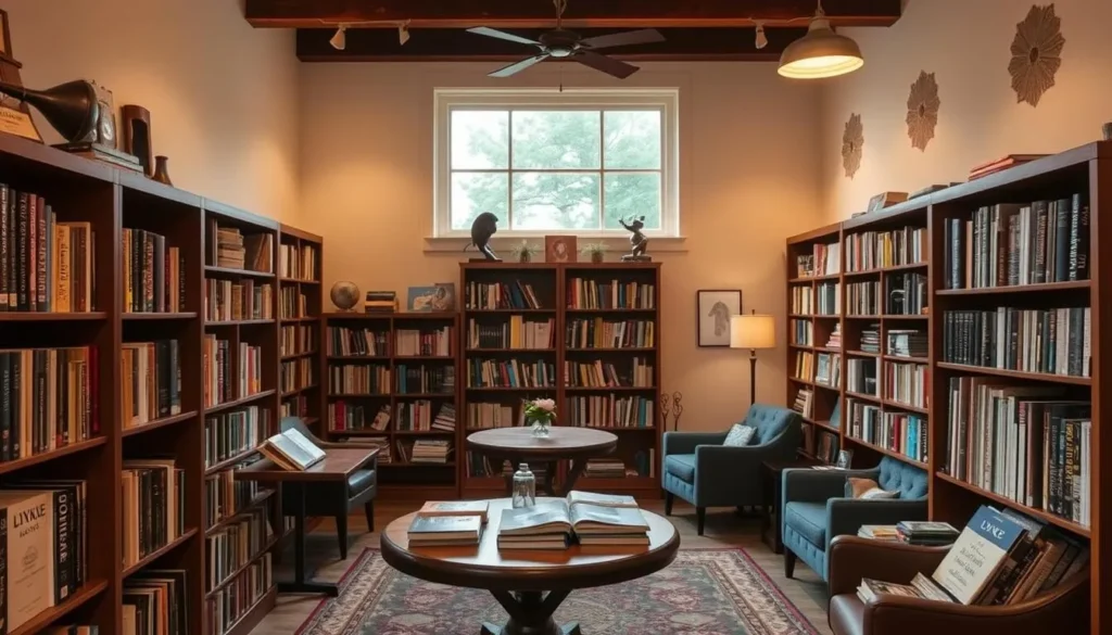 Generate an image of Lykke Books, highlighting its cozy reading nooks and selection of local authors' works.