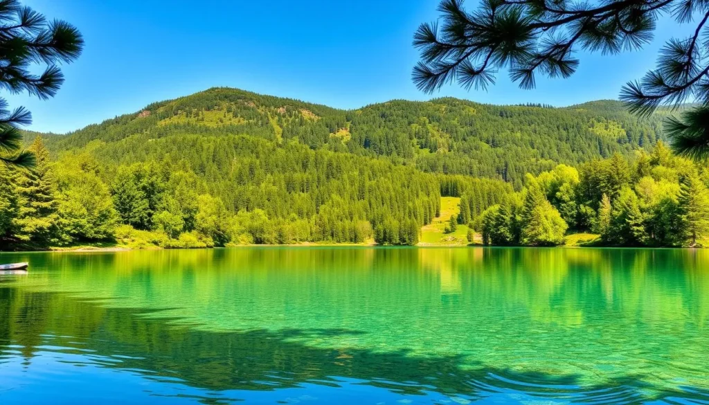 Generate an image of Máchovo Jezero with crystal-clear waters surrounded by lush pine forests and rolling hills.