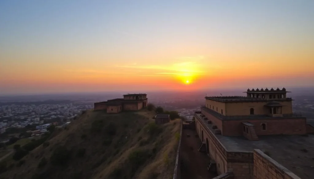 Generate an image of Madan Mahal Fort perched on a hillock with Jabalpur city in the background.