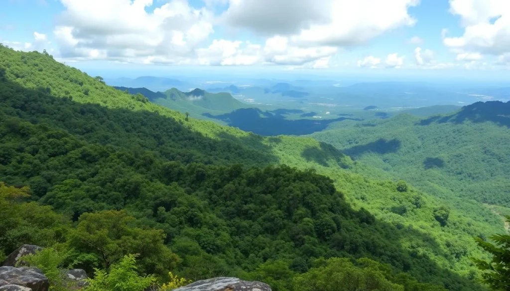 Generate an image of Mahury Mountain with lush rainforest and panoramic views.