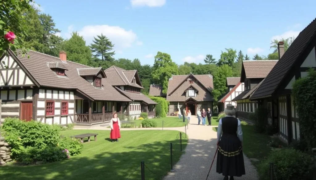 Generate an image of Maihaugen Open-Air Museum with its historical buildings and costumed interpreters.