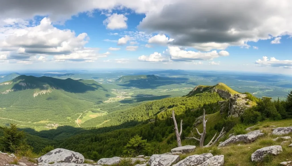 Generate an image of Malinská skála with panoramic views of Žďárské vrchy.