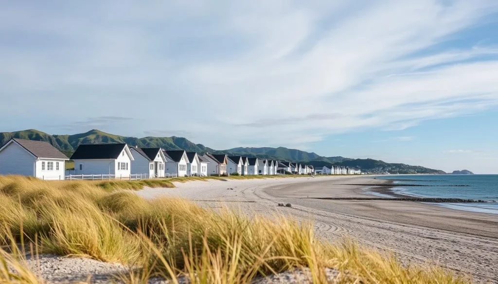 Generate an image of Mandal's picturesque beach, Sjøsanden, with white wooden houses in the background.