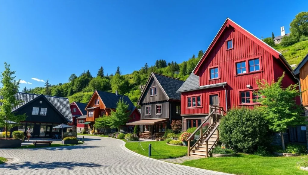 Generate an image of Mandal's town center with traditional Norwegian wooden houses. Generate an image of Mandal's town center with traditional Norwegian wooden houses.