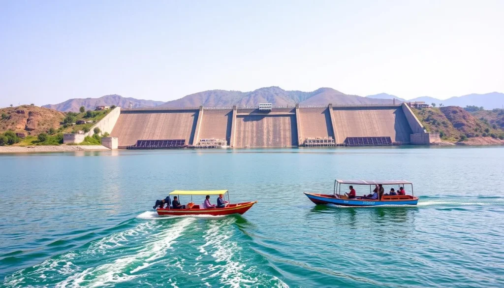 Generate an image of Mandira Dam, a scenic dam on the Sankh River, offering boating opportunities and serene surroundings.