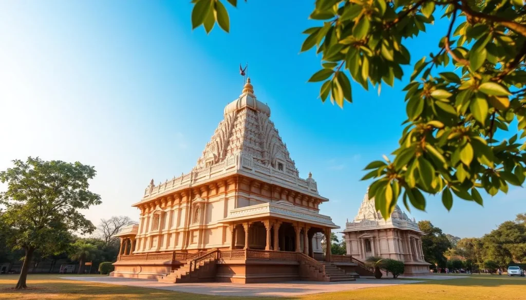 Generate an image of Mangaladevi Temple, showcasing its intricate architecture and serene surroundings.