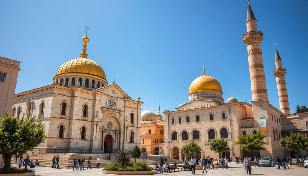 Generate an image of Manger Square in Bethlehem, showcasing the Church of the Nativity and the Mosque of Omar.