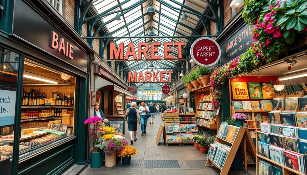Generate an image of Mare Street Market with a deli, off-licence, florist, and record shop.