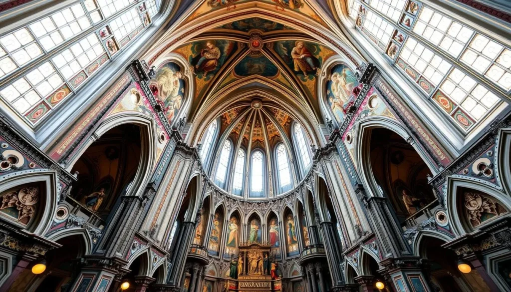 Generate an image of Mariakyrkan's interior, showcasing its Gothic architecture and frescoes.