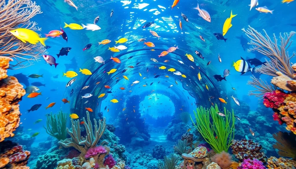 Generate an image of Marine World in Kozhikode, showcasing the underwater tunnel surrounded by various marine life.