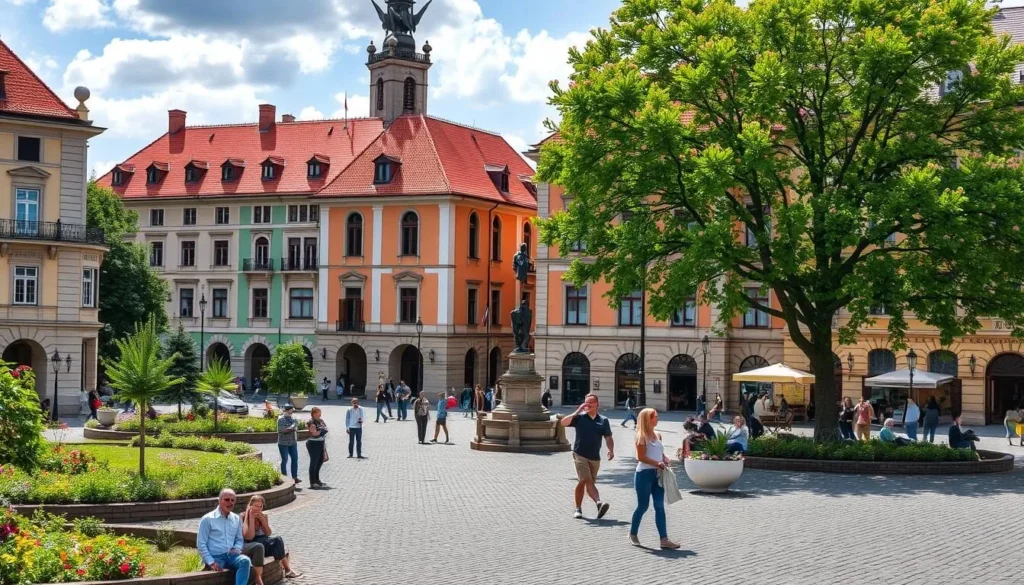 Generate an image of Masaryk Square in Nachod, Czechia, showcasing its historic buildings and lively atmosphere.