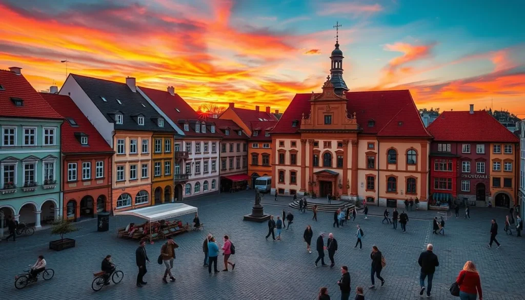 Generate an image of Masarykovo Náměstí with its historic houses and the town hall.