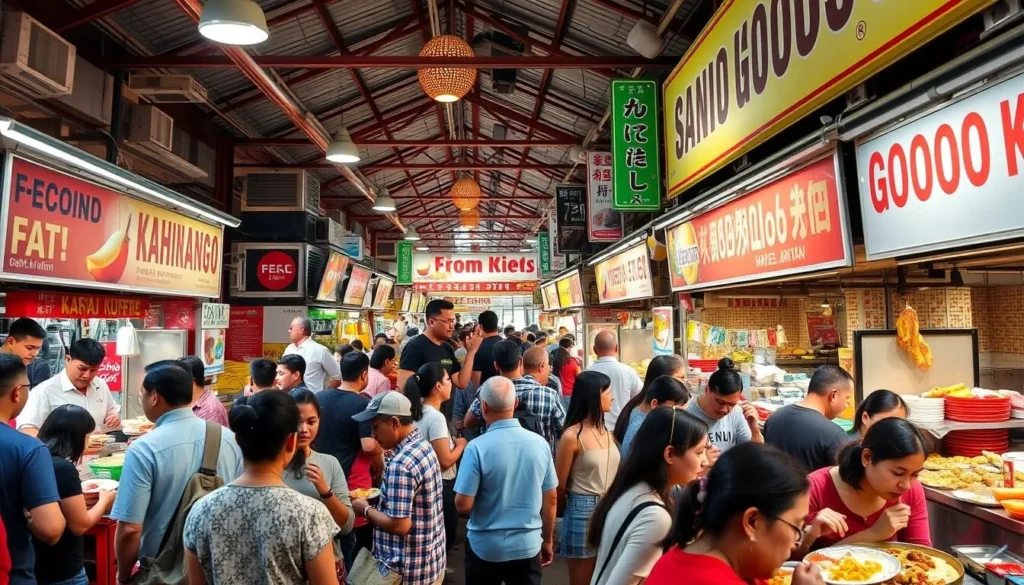 Generate an image of Mathallen Food Hall with various food stalls and people enjoying their meals.