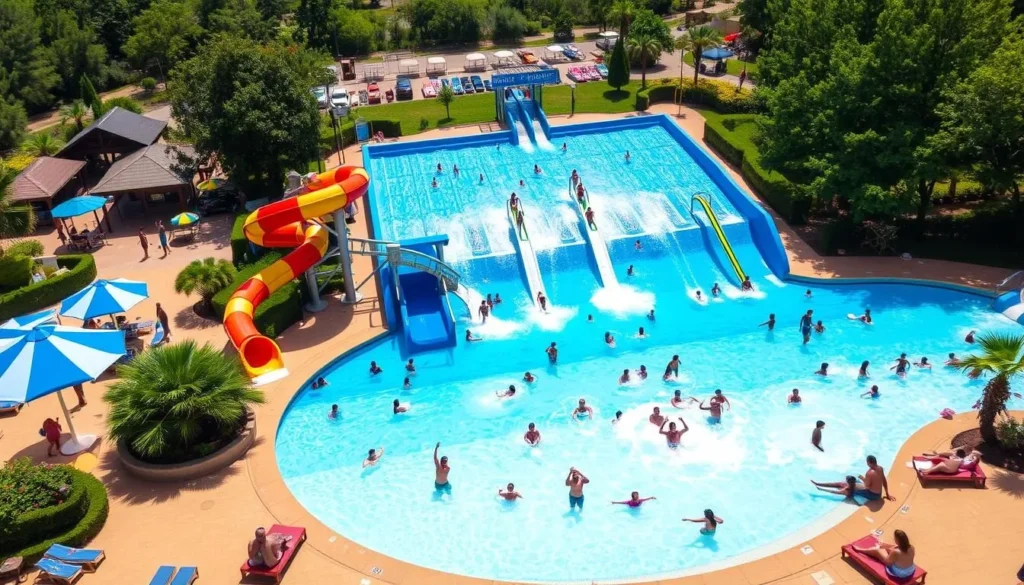 Generate an image of Mayank Blue Waterpark's main attraction, a large wave pool with people enjoying the water slides.