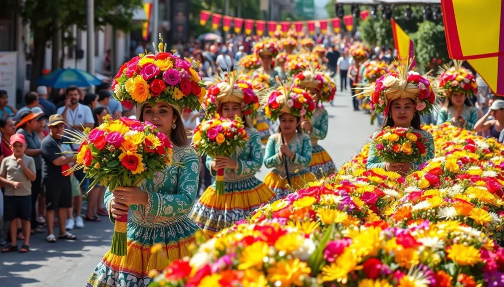 Generate an image of Medellín's Flower Festival parade with silleteros carrying flower arrangements.