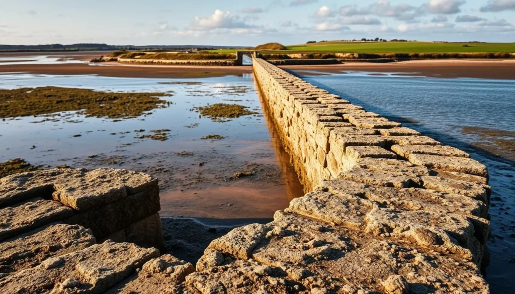 Generate an image of Mersea Island's ancient Roman causeway, "the Strood," during low tide.