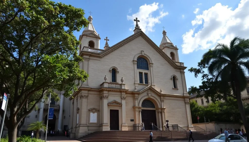 Generate an image of Milagres Church's façade and its surroundings.