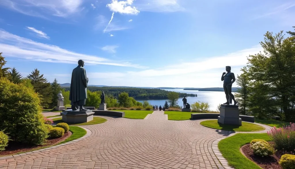 Generate an image of Millesgården's sculpture garden with Carl Milles' famous sculptures and the beautiful Värtan strait in the background.