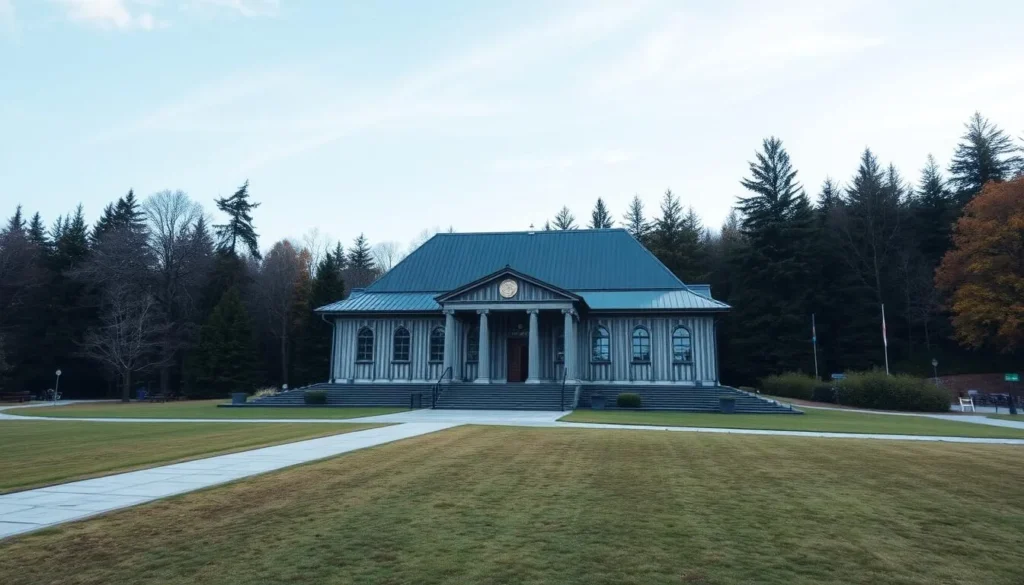 Generate an image of Minnehallen memorial hall in Stavern, Norway, showcasing its solemn architecture and serene surroundings.