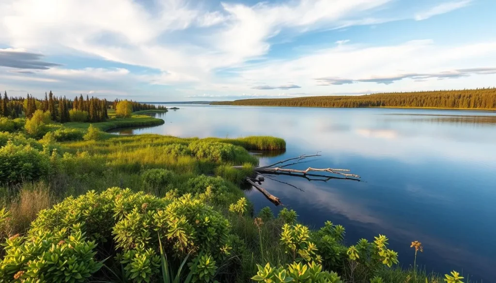 Generate an image of Miquelon Lake Provincial Park's serene landscape