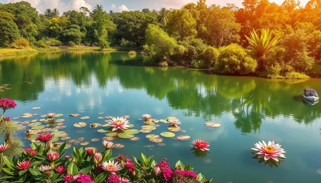 Generate an image of Miracle Lagoon, a serene and picturesque lake perfect for boat rides and wildlife observation.