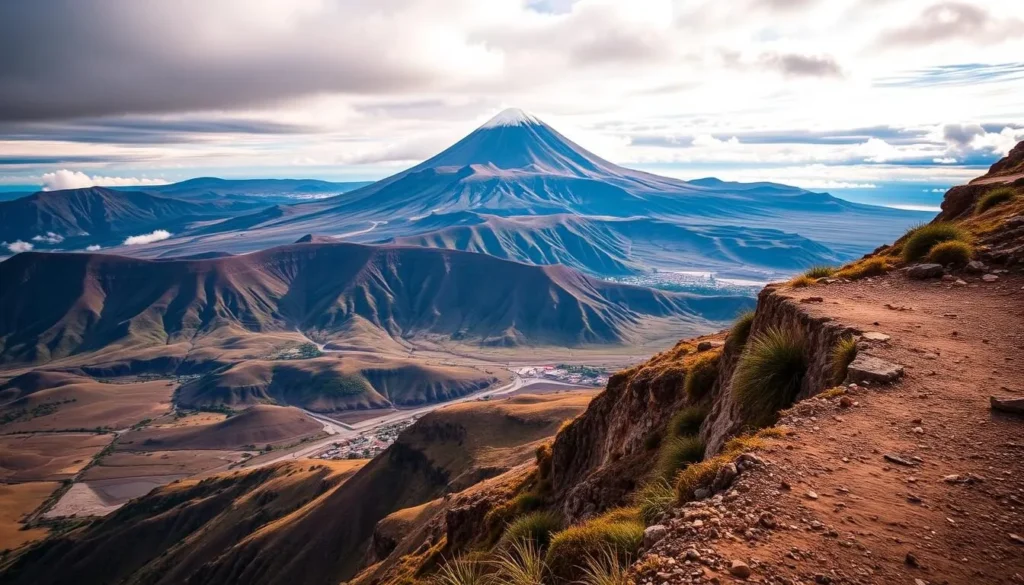 Generate an image of Mirador de Yanahuara with El Misti volcano in the background