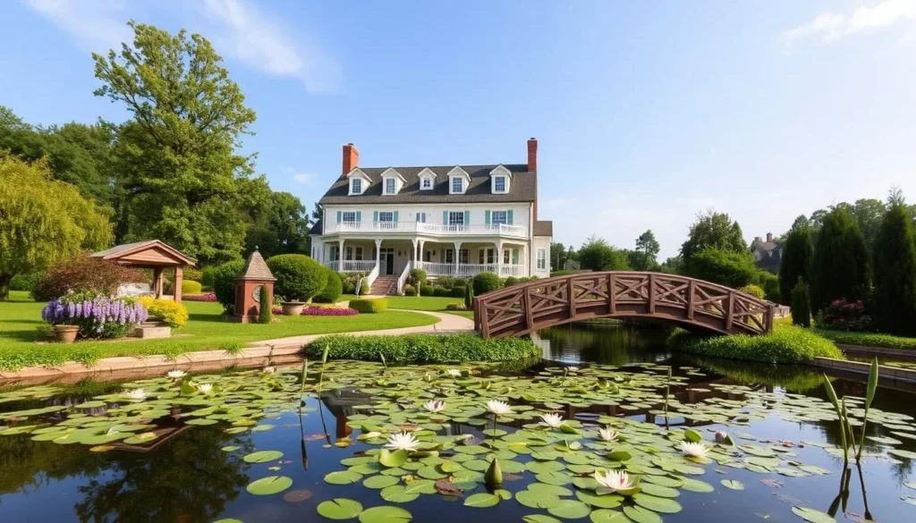 Generate an image of Mirbeau Inn & Spa's serene surroundings, including lily ponds and a replica of Monet's bridge.