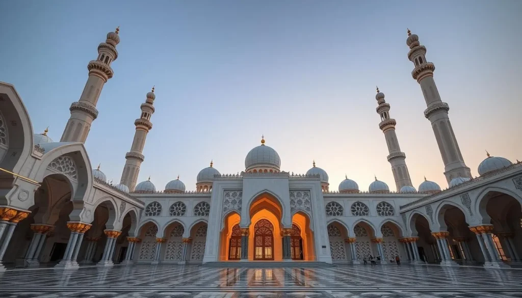 Generate an image of Mohammad A Khorafi Mosque in Salwa, Kuwait, showcasing its architectural beauty.