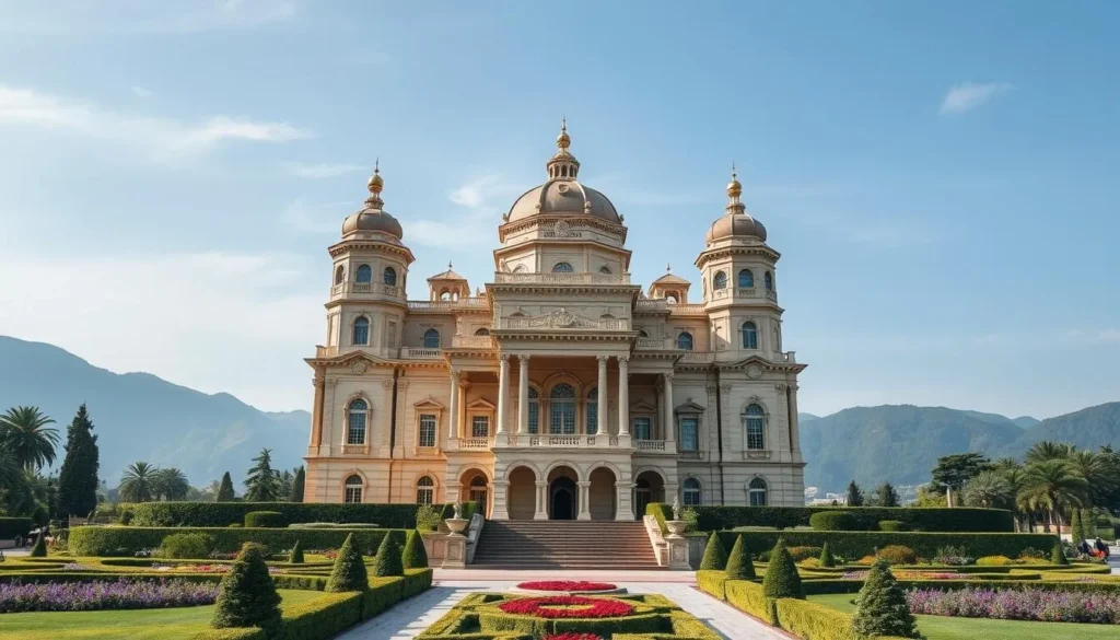 Generate an image of Morvarid Palace with its intricate architectural details and surrounding gardens.