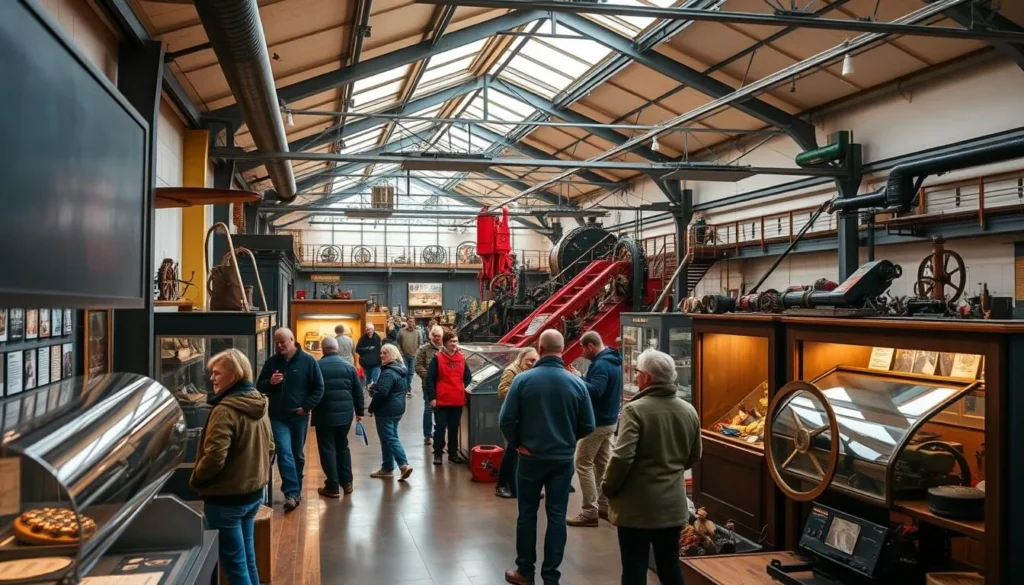 Generate an image of Moss By- og Industrimuseum with visitors exploring exhibits.