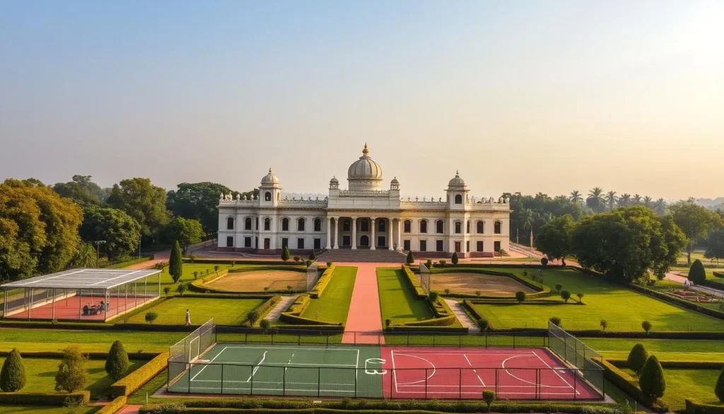 Generate an image of Moti Bagh Palace in Patiala with lush greenery and sports facilities