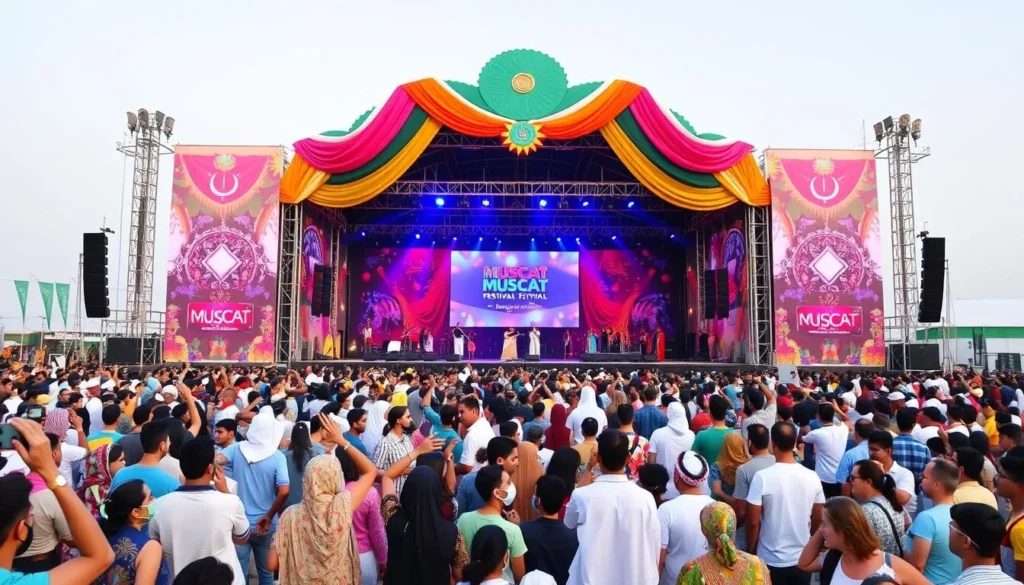 Generate an image of Muscat Festival's main stage with a crowd of people enjoying the event.