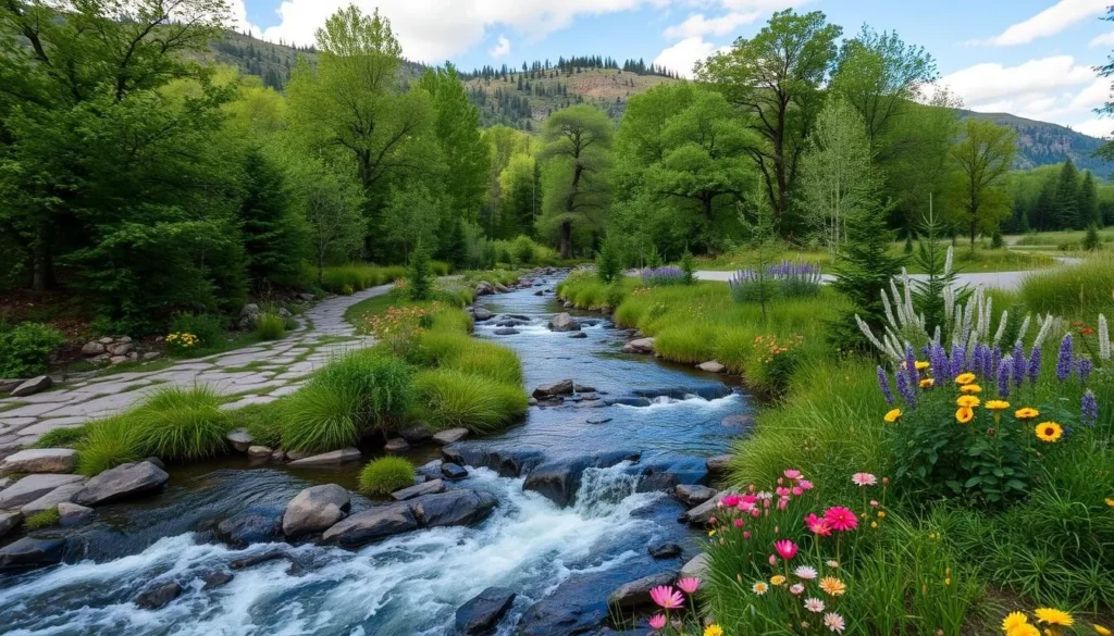 Generate an image of Muskoseepi Park's scenic landscape with Bear Creek flowing through it.