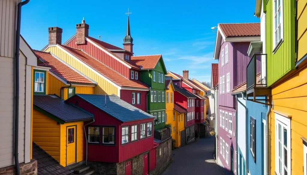 Generate an image of Naantali's Old Town with its colorful wooden houses and narrow streets.