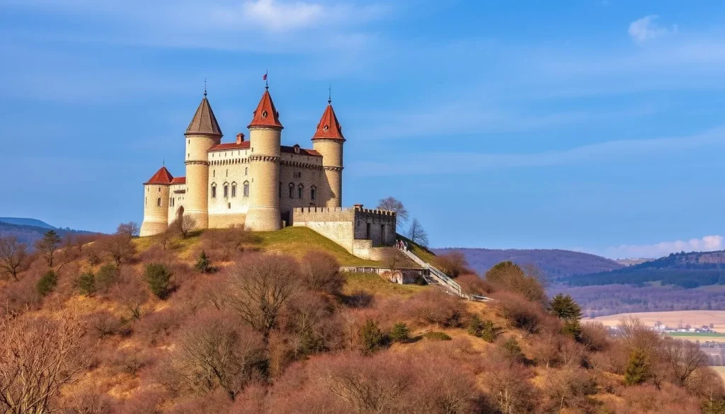 Generate an image of Nachod Castle perched on a hill with its distinctive towers visible from afar.
